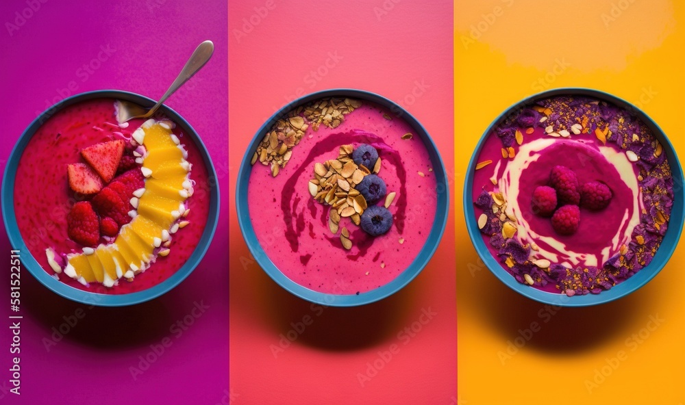  three bowls of food on a multicolored background with a spoon in one bowl and a spoon in another bo