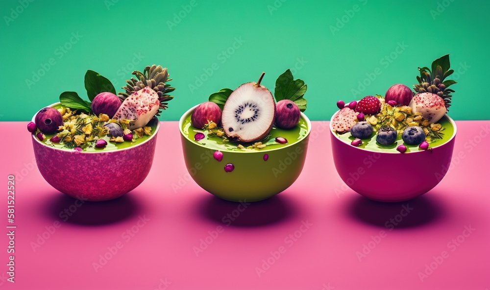  three bowls of fruit are sitting on a pink table top, with a green and pink background behind them,