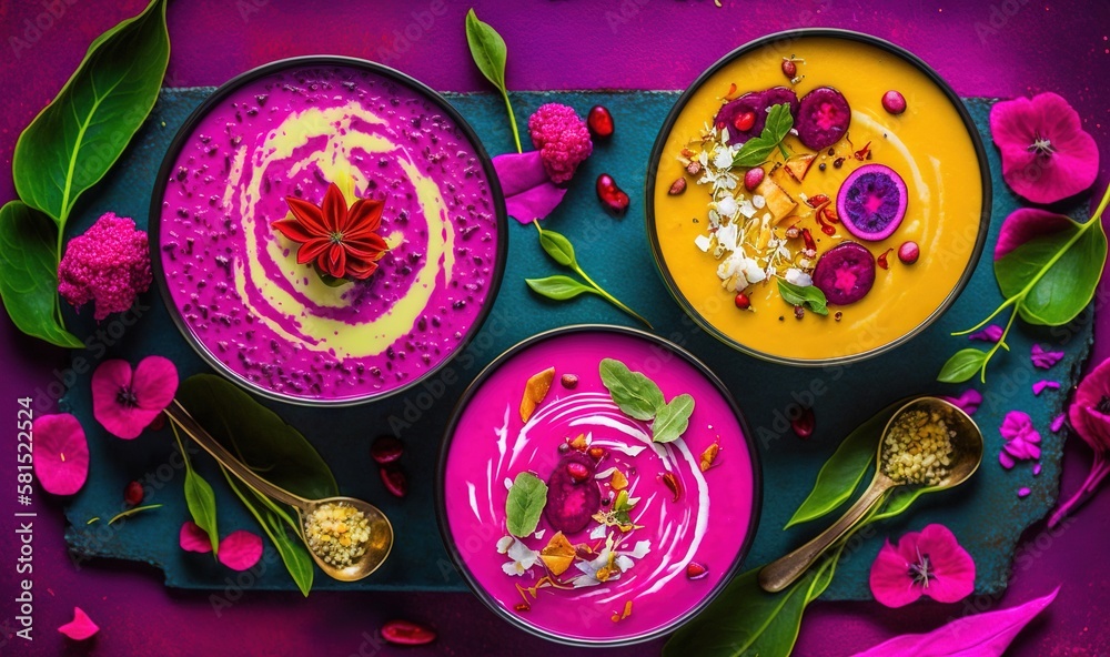  a table topped with bowls filled with different types of desserts and flowers on top of a purple ta