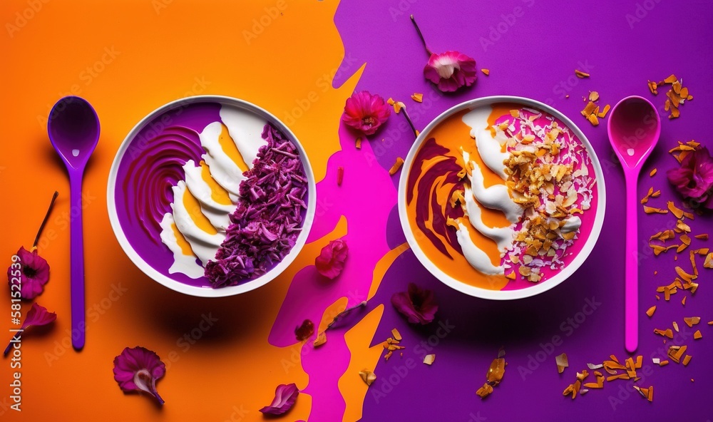  a couple of bowls of food on top of a purple and orange tablecloth with spoons and spoons next to i