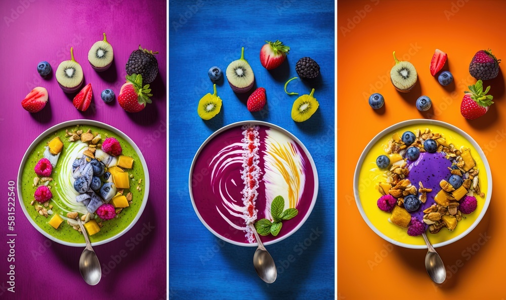  three different pictures of a bowl of fruit and a bowl of ice cream and a bowl of fruit and a bowl 