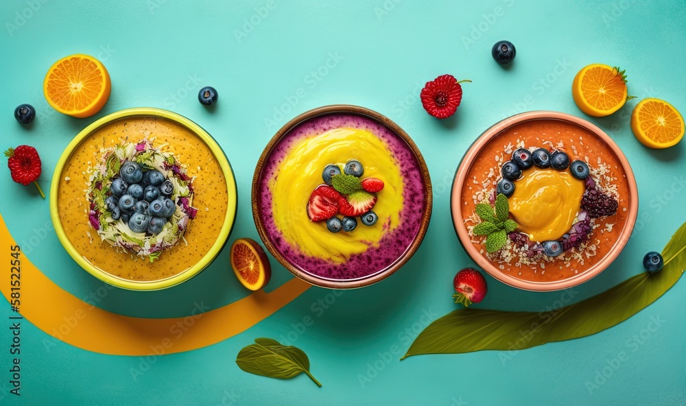  three bowls of fruit and yogurt on a blue background with oranges, raspberries, and blueberries on 