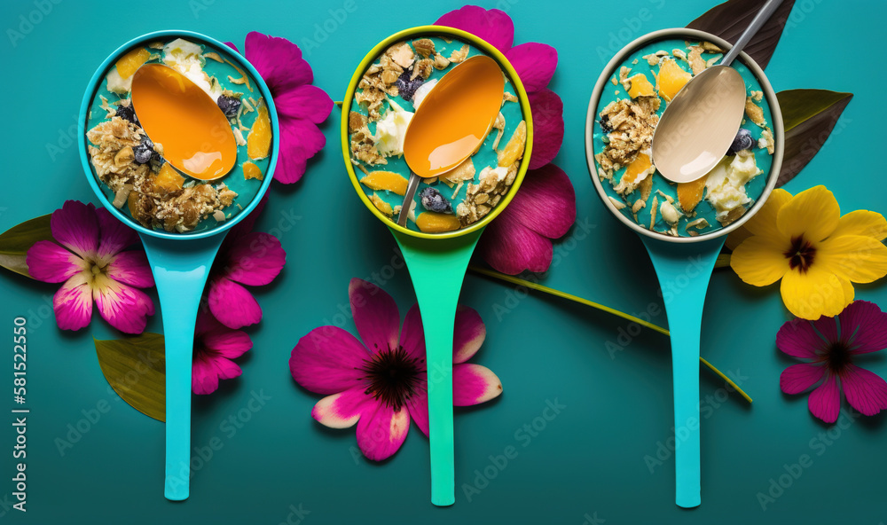  three spoons with cereal and flowers on a blue background with pink and yellow flowers on the sides