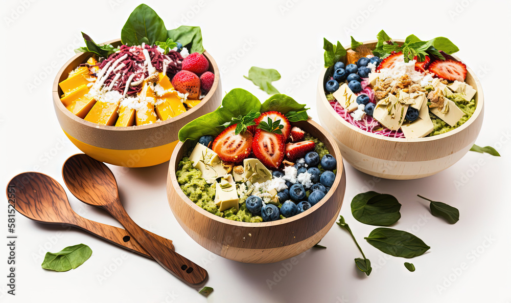  three wooden bowls filled with different types of food and a wooden spoon on a white surface with g