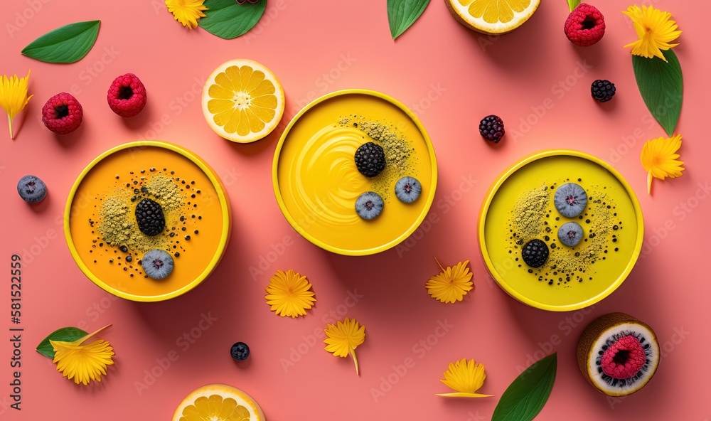  a table topped with bowls of fruit next to sliced oranges and raspberries on top of a pink surface 