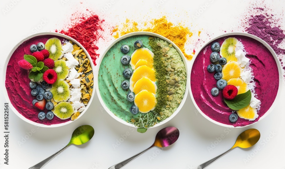  three bowls of food with spoons and spoons next to them on a white surface with a variety of colors