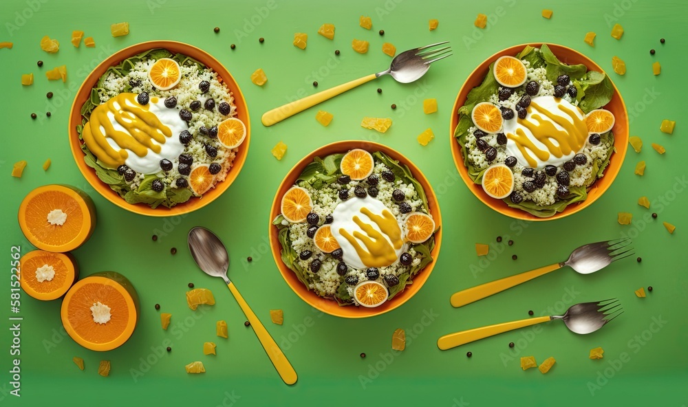  two bowls of food with oranges and eggs on top of them with utensils and spoons on a green surface 