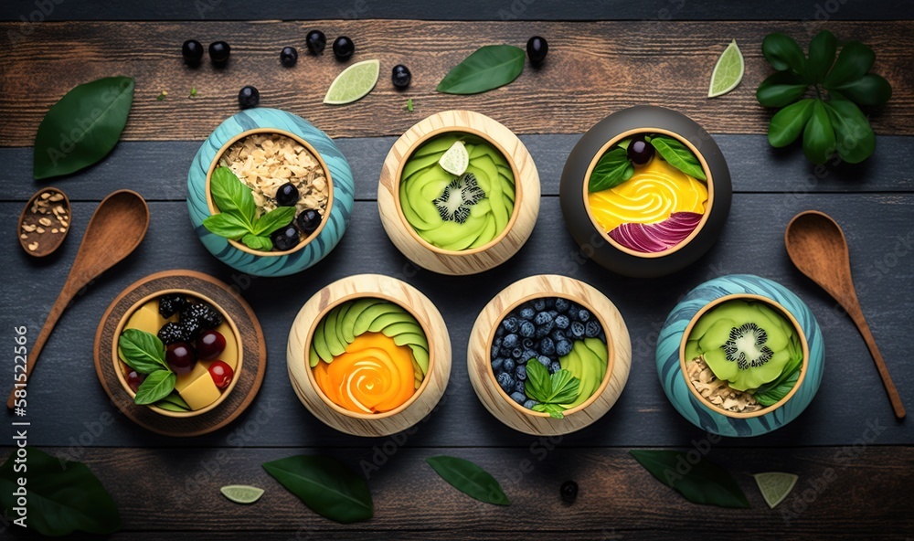  a table topped with bowls filled with different types of fruit and veggies next to wooden spoons an