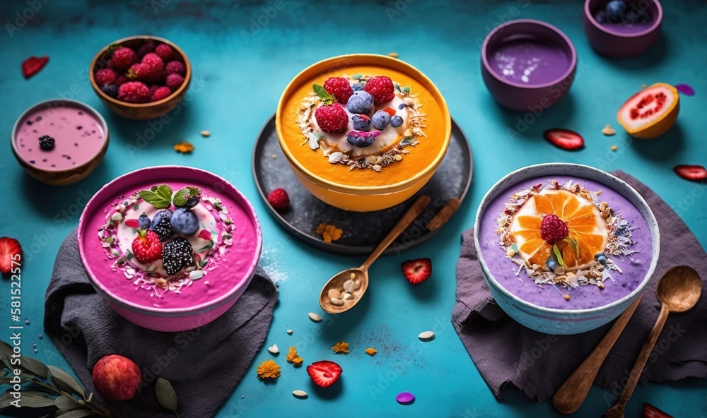  a table topped with bowls of food and fruit on top of each other with spoons and spoons next to the