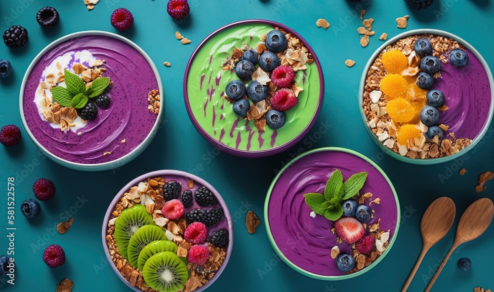  three bowls of fruit and yogurt on a blue surface with spoons and spoons next to them and a spoon i