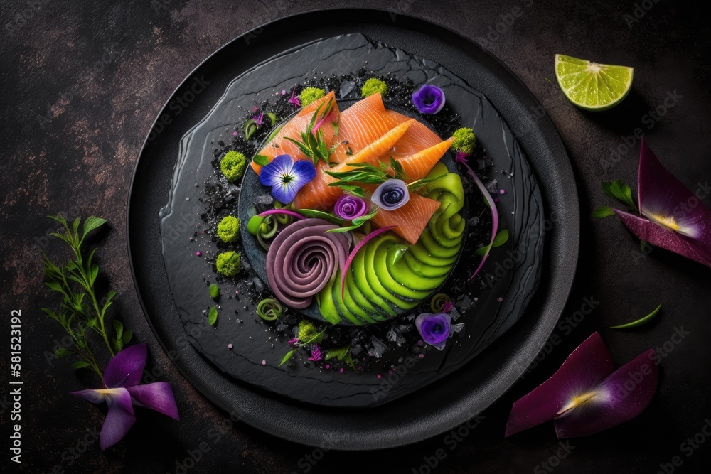 On a black dish, a culinary ring of raw salmon, avocado, and purple onion salad is presented. a back