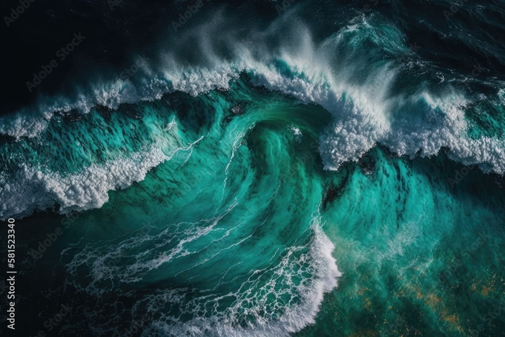 Ocean waves were a bluish green color. the water seen from above. Generative AI