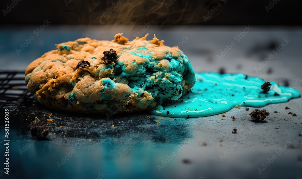  a cookie with blue icing and chocolate chips on a cooling rack with a blue substance coming out of 