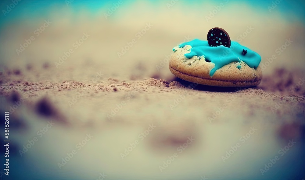  a cookie with blue icing and a cookie with a cookie on top of it sitting in the sand with a cookie 