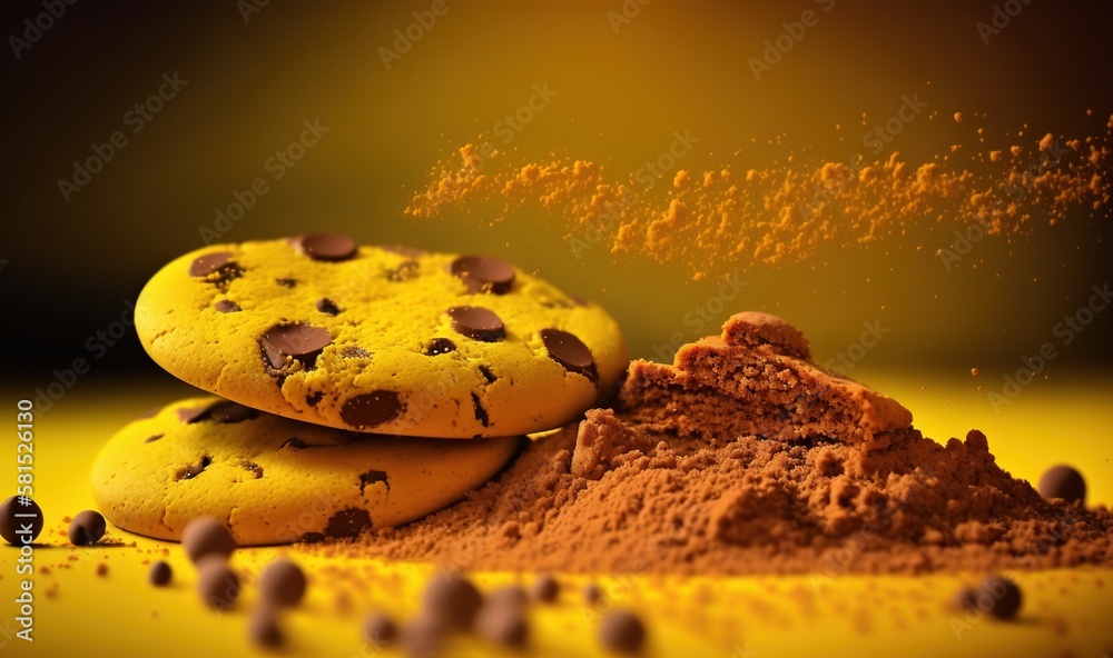  a pile of chocolate chip cookies sitting next to a pile of cocoa chips on a yellow tablecloth with 