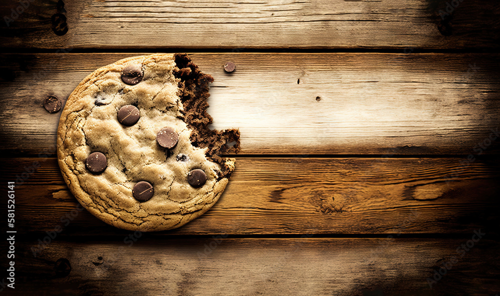  a chocolate chip cookie on a wooden surface with a bite taken out of it and a bite taken out of it 