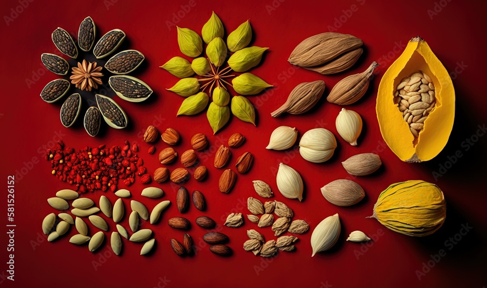  a variety of nuts and seeds on a red surface with a flower on top of it and a banana on the bottom 