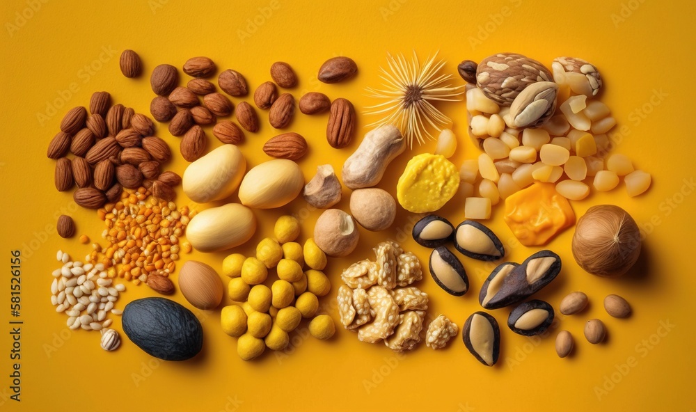  a variety of nuts and seeds on a yellow background, top view, flat lay on the ground, with a yellow