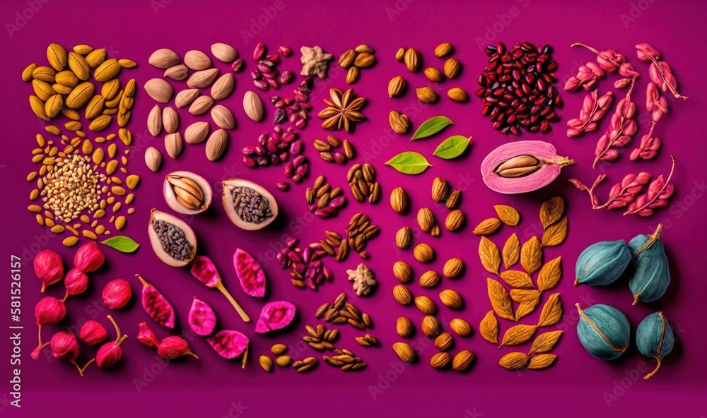  a variety of nuts and seeds on a purple background with leaves and flowers on the top of the nuts a