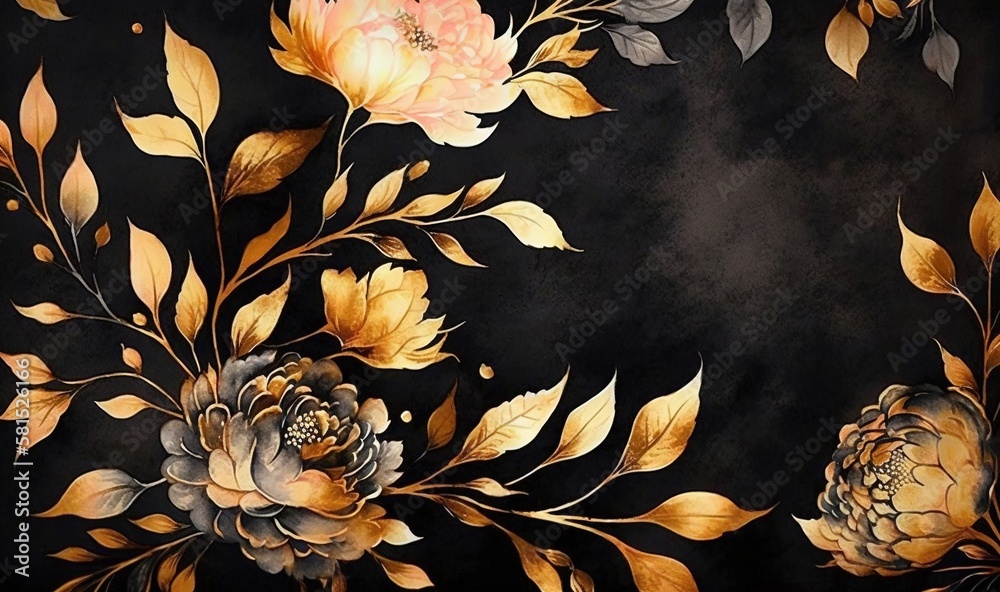  a black and gold wallpaper with flowers and leaves on a black background with a gold border around 