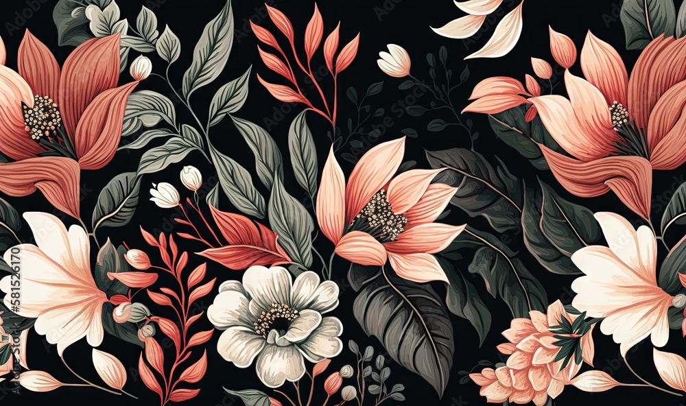  a black background with a bunch of flowers and leaves on it and a black background with a bunch of 