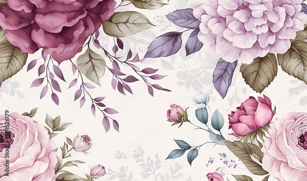  a floral wallpaper with pink and purple flowers on a white background with green leaves and flowers