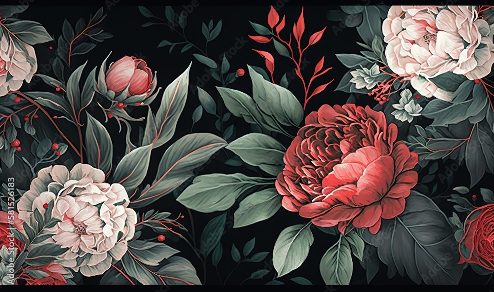  a black background with red and white flowers and leaves and a black background with red and white 