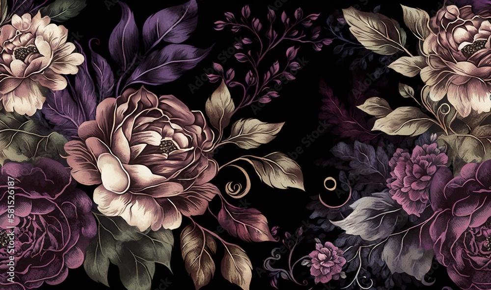  a black background with a bunch of flowers and leaves on it with purple and pink flowers on the sid