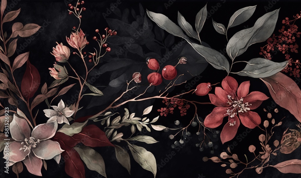  a painting of flowers and leaves on a black background with red and green leaves on the bottom of t