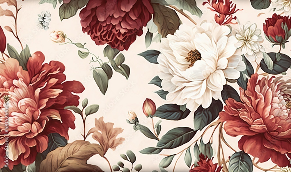  a floral wallpaper with red, white and pink flowers on a light pink background with green leaves an