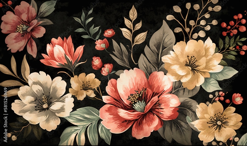  a black background with a bunch of flowers and leaves on it, and a black background with a bunch of