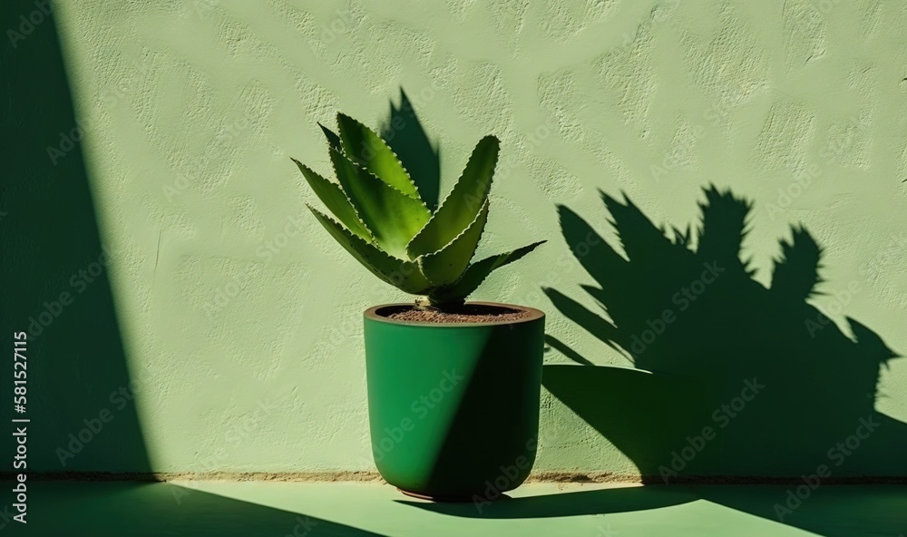  a green potted plant sitting next to a wall with a shadow of a plant on its side and a shadow of a