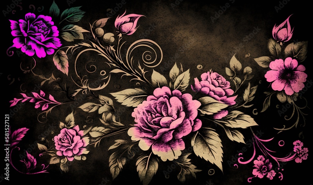  a black background with pink and purple flowers on the left side of the image and a green and pink 