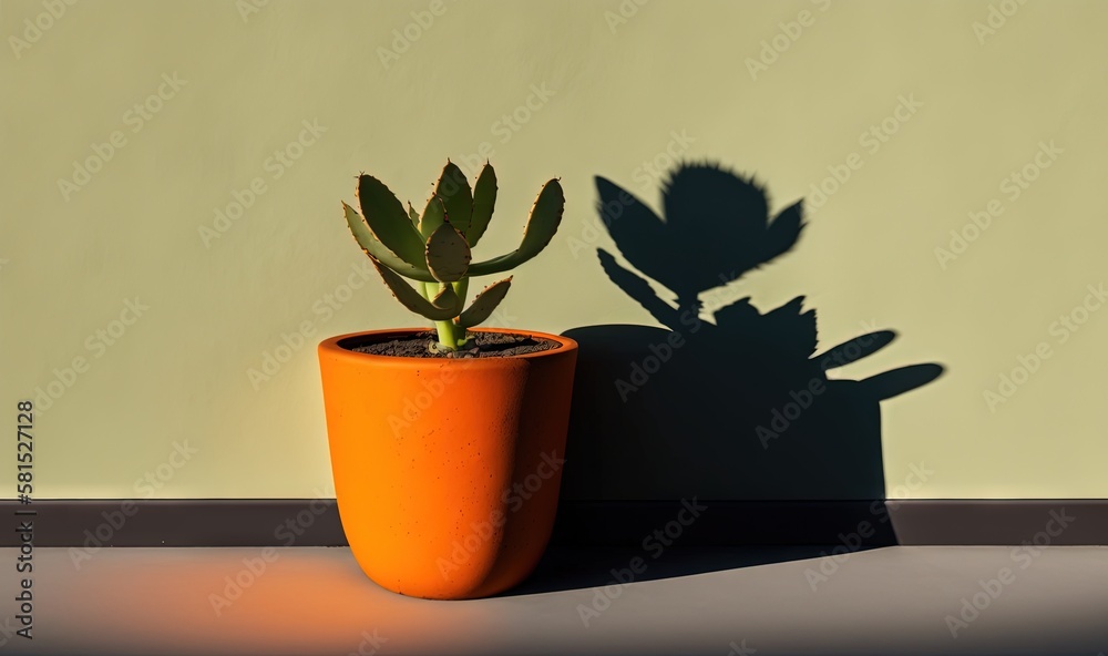  a small cactus casts a shadow on a wall next to a potted plant with a long shadow on the wall behin