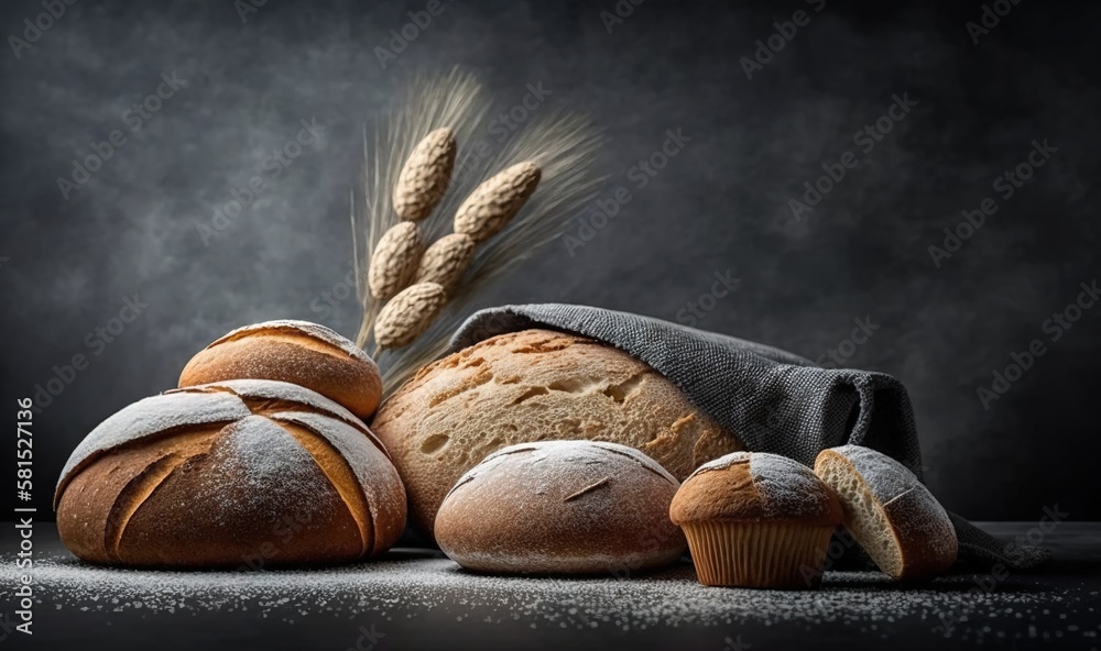  a loaf of bread, a bag of wheat and some other breads on a black background with a grain of wheat i