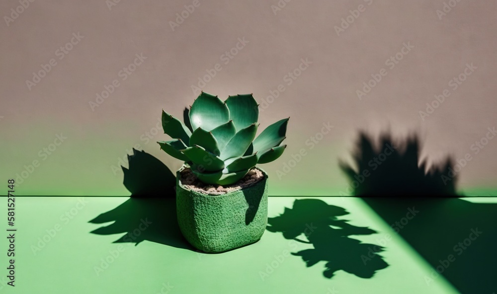  a green potted plant sitting on top of a green table next to a shadow of a persons hand on the wal