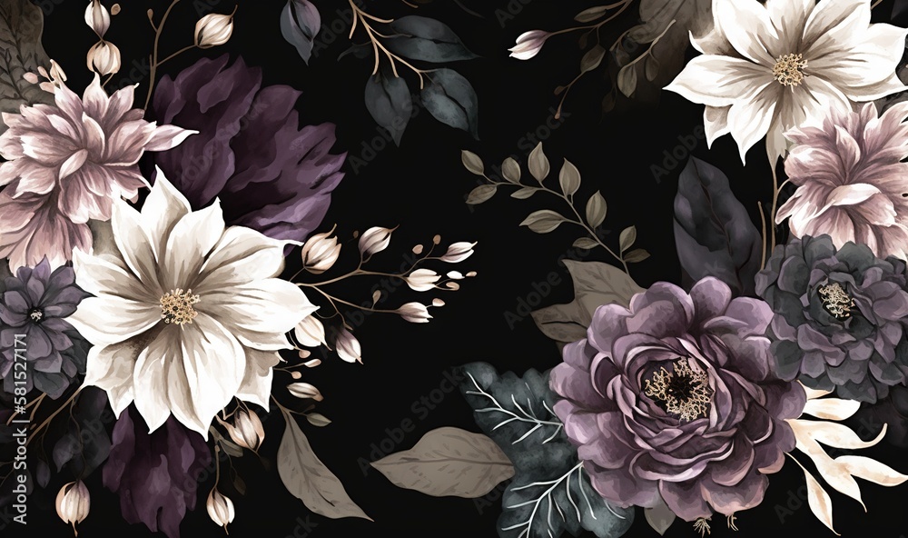  a black and white floral wallpaper with purple flowers and leaves on a black background with leaves