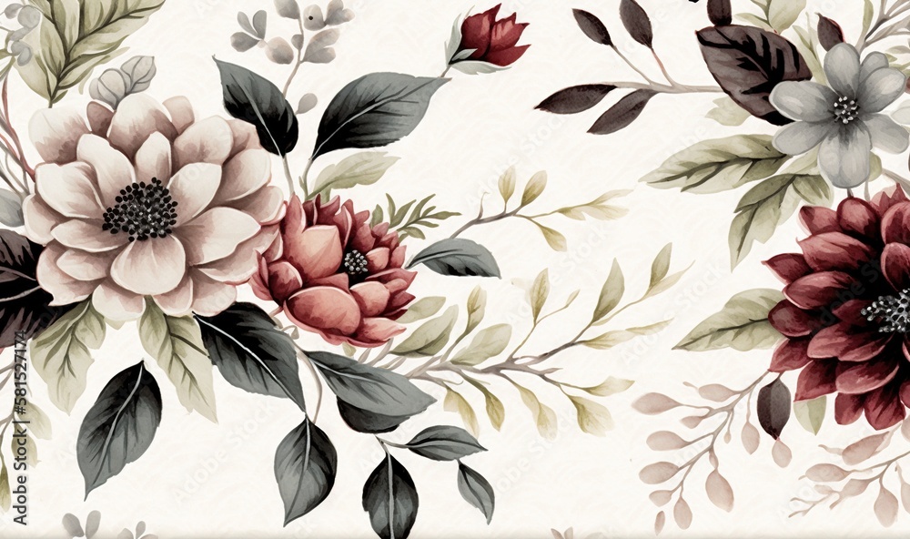  a floral wallpaper with red, white and green flowers on a white background with a border of leaves 