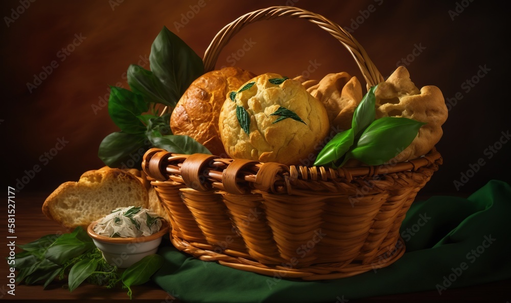  a basket filled with bread next to a bowl of dip and a leafy green cloth on a wooden tablecloth cov