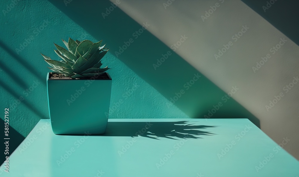  a small green plant sitting on top of a blue table next to a green wall and a shadow of a plant on 