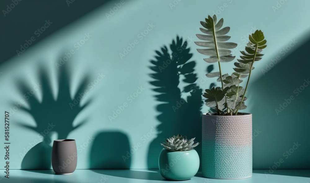  two vases with plants in them sitting on a table next to a shadow of a plant on the wall and a wall