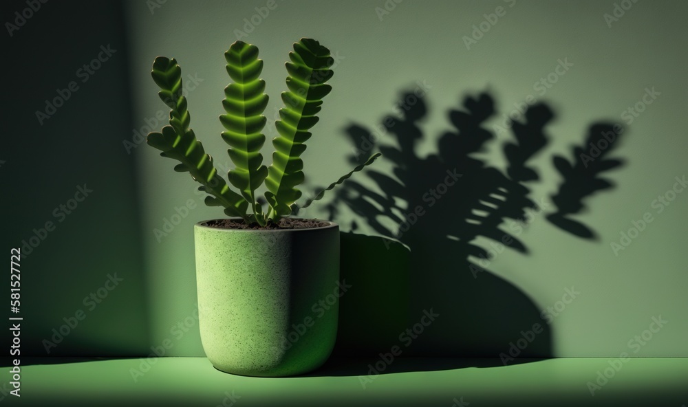  a green plant in a green pot with a shadow of a plant on the wall in the background of a green room