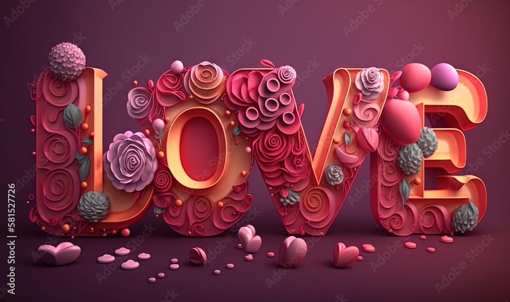  the word love made out of paper flowers and hearts on a purple background with pink petals and hear