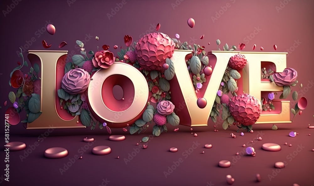  the word love is surrounded by flowers and petals on a purple background with drops of water on the