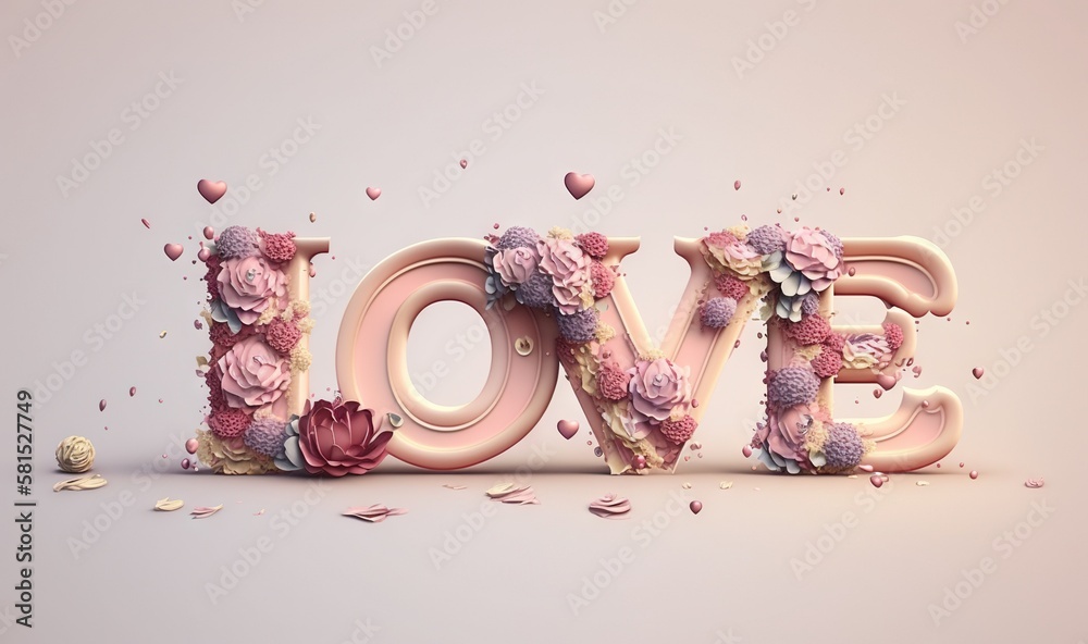  the word love spelled with flowers and petals on a pink background with petals scattered around it 