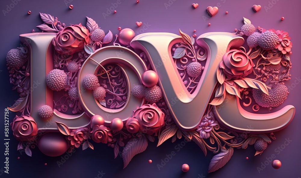  the word love is made up of flowers and hearts on a purple background with pink and red petals and 