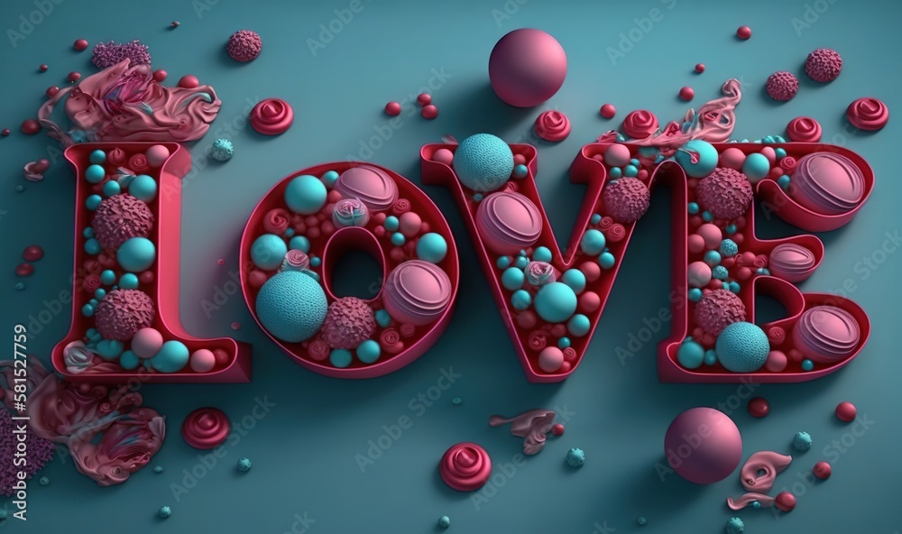  the word love is made up of pink and blue balls and bubbles on a blue background with pink and blue