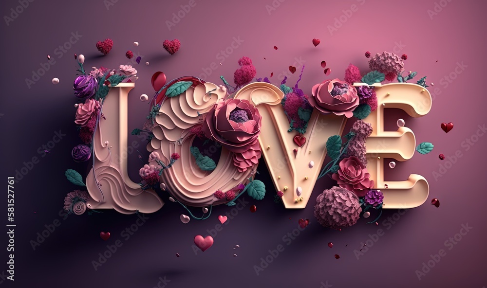  the word love is made up of flowers and hearts on a purple background with a pink background and a 