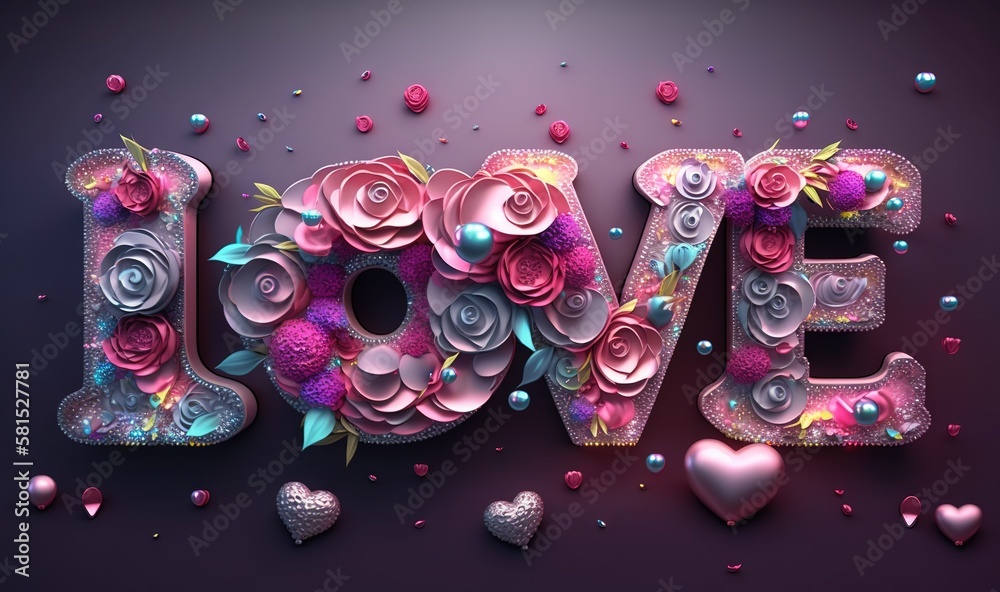  the word love spelled with flowers and hearts on a purple background with confetti and bubbles in t