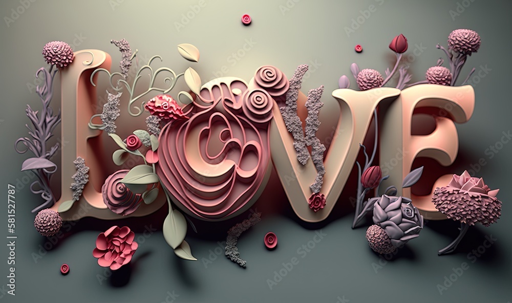  the word love is made up of paper flowers and leaves, and the letters are made up of paper flowers,